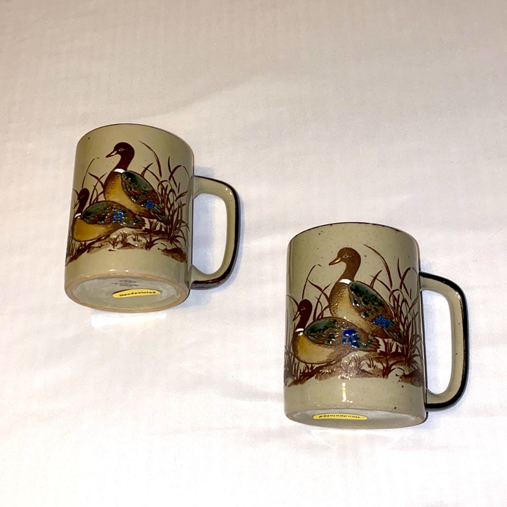 2 NEW Vintage Otagiri Handpainted Japan Duck Mugs 70’s Speckled Stoneware MCM
